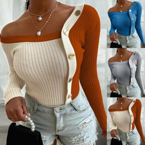 Fashion Women One Shoulder Splicing Buttons Long Sleeve Sweater Pullover Tops Autumn Winter Single Breasted Stand Collar Shirts