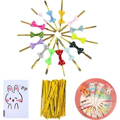 100pcs Gold Twist Ties Ribbon Pre-tied Gift Wrap Bows Ties Lollipop OPP Packing Bags Lollipop Stick Plastic Pop Sucker Sticks