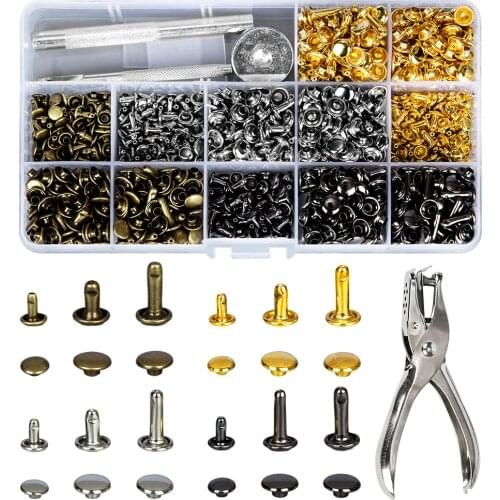480 Sets Double Cap Rivets Tubular Leather Rivet Tool Screw Studs Button + 3pcs Fixing Tool 1pc Plier DIY Craft for Clothes Shoe