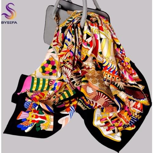 BYSIFA| New Brand Pure Silk Scarf Shawl Printed Fashion Black Gold Scarves Hijabs Elegant Top Grade Winter Scarves Wraps 90*90cm