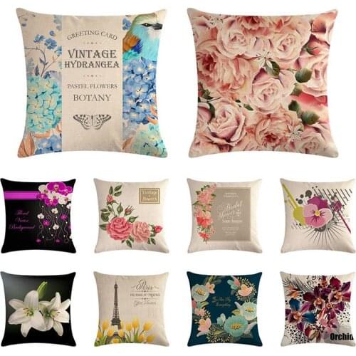 Cojines Decor Para Sofa Linen Cotton Throw Cushion Cover Flower Pattern 45*45Cm Pillow Case Office Chair Home Decorative ZY1097
