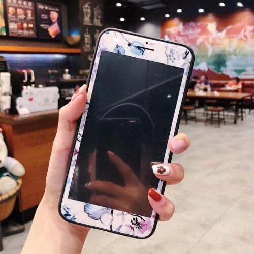 Korea Floral Full Coverage Screen Protector For iPhone11 Xsmax XR 7/8PLUS 6S SE2 Carbon Fiber tempered glass Film Protection