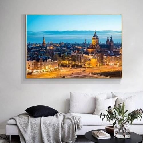 Skyline of Amsterdam Night View Cityscape Poster Netherlands Landscape Canvas Painting Prints Wall Art Pictures for Home Decor