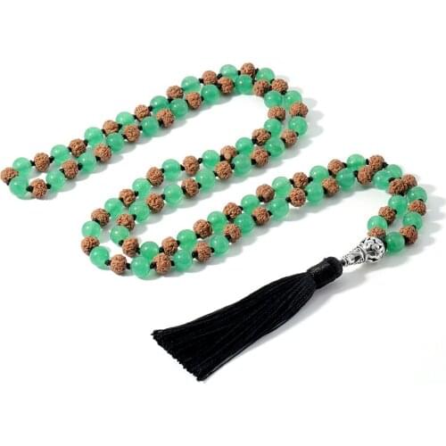Rudraksha & Green Aventurine Beaded Knotted 108 Mala Necklace Meditation Yoga Jewelry with Black Tassel Metal Pendant