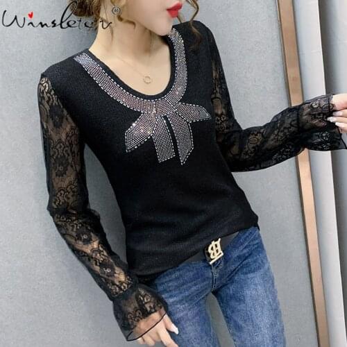 Spring Fall European Clothes T-Shirt Sexy Shiny Diamonds Beads Women Tops Long Sleeve Patchwork Lace Bottoming Shirt Tee T16218A