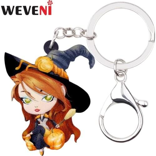 WEVENI Acrylic Halloween Cartoon Magical Witch Key Chain Pendant Ring Holder Jewelry For Women Girls Ladies Bag Car Charm