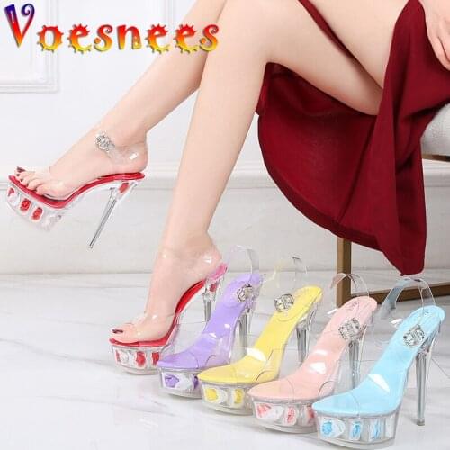 Summer Transparent Flower Candy Color Thin High Heels Pole Dance Women Shoes Buckle Strap Nightclub Peep Toe New Crystal Sandals