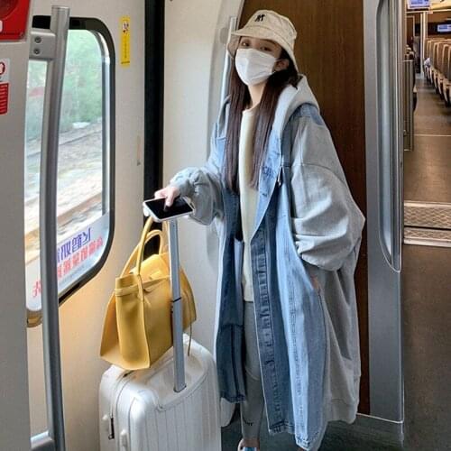 Korea Cowboy Stitching Trench Coat for Women Coats Vintage Elegant Long Denim Trench Coat Spring Autumn Cotton Jean Outerwear