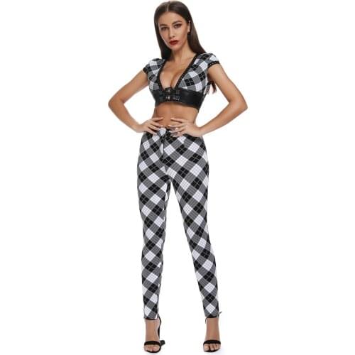 High Quality Fashion Short Sleeve Plaid 2 Pieces Sets Womens Bandage Sets Prom Party Clothing