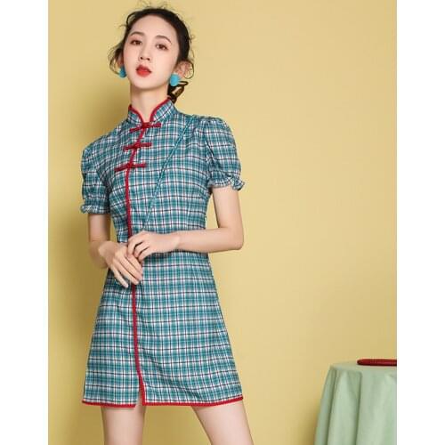 Summer New Modified Version of Chinese Style Daily Plaid Cheongsam Retro Girl Temperament First Love Skirt Dress