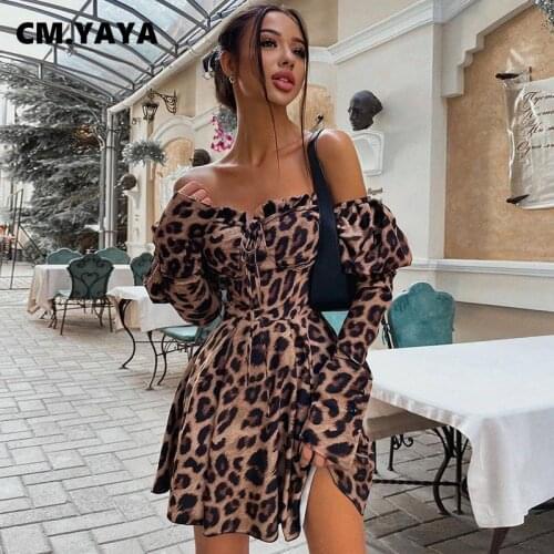 CM.YAYA Women Dress Leopard Full Sleeve Off Shoulder Slash Neck Mini A-line Dresses Sexy Fashion Vestidos Autumn Outfits 2021