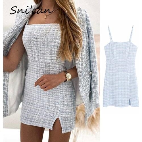 Snican Light Blue Plaid Woolen Tweed Dress Za 2021 Women Uniform Office Ladies Sexy Split Mini Dresses Spaghetti Strap Vestidos