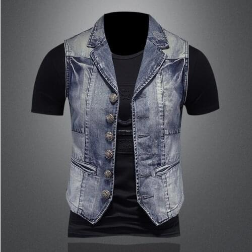 Embroidered Denim Vests For Men Slim Fit Mens Suit Vest Male Waistcoat Casual Sleeveless Vintage Biker Jacket
