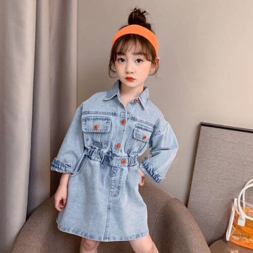 2021 Brand New Infant Child Kids Girl Denim Dress Jeans Pocket Long Sleeve Loose Shirt Mini Dress Fashion Clothes 3T-12Years