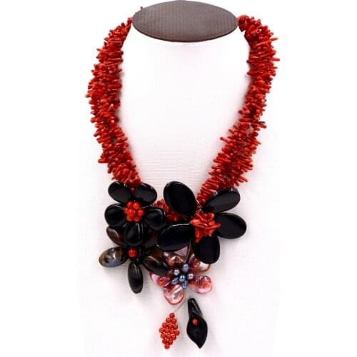 3rows red coral black agat flower necklace 19inch nature gift baroque wholesale beads