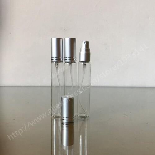 50pcs 15ML Transparent Thin Glass Spray Bottle Sample Glass Vials Portable 15cc Perfume Atomizer Matte Silver Cap