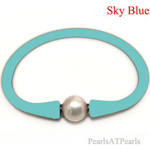 7 inches 10-11mm One AA Natural Round Pearl Sky Blue Elastic Rubber Silicone Bracelet For Women