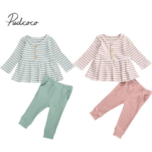 Infant Kids Baby Girl Long-sleeved Dress Shirt Top Trousers Ribbed Suit Fresh Stripe T-shirt and Elastic Solid Long Pants 6M-4T