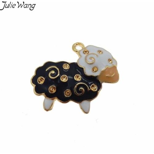 Julie Wang 5pcs Black White Enamel Cute Sheep Pendant Gold Color Alloy Base Charm for DIY Earring Necklace Hanging Jewelry Craft