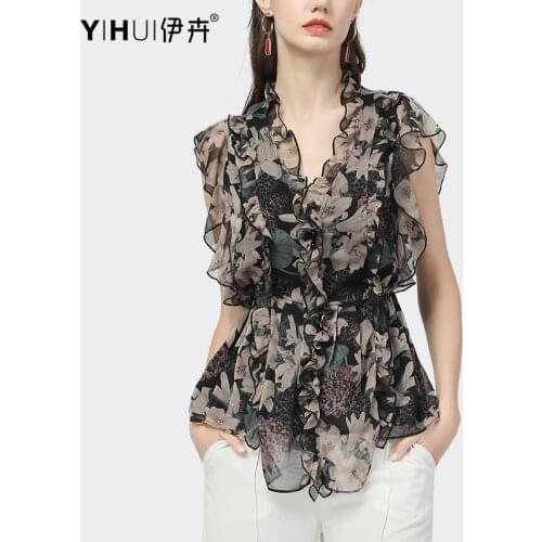 Fashion Chiffon Floral Blouse Women Summer Sleeveless V-Neck Tops Elastic Waist Ruiffles Elegant Slim Irregular Office Shirts