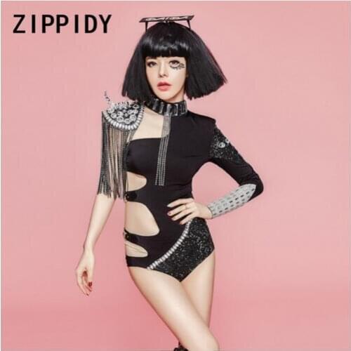 Fashion Glisten Rhinestones Tassel Single Sleeve Black Stretch Hollow Unique Womens Stage Wear Dancer Show Nightclub Costume