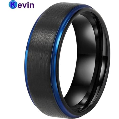 Mens Black Tungsten Rings Black Wedding Band For Women With Blue Step Edges Comfort Fit