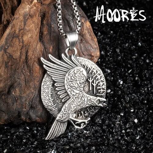 Mens Viking Jewelry Double sided Rune Norse Talisman Viking Raven Pendant Black Bird Celt Crow Necklace Men Jewelry