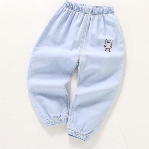 2021 New Fashion Kids Cartoon Trousers Pants Cute Rabbit Embroidered Baby Girl Jeans Children Boys Denim Pants Infants Clothing