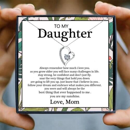 Daughter Pendant Necklaces Jewelry Heart Girl Crystal Necklace for Women Custom Wish Card Christmas Birthday Presents Gifts