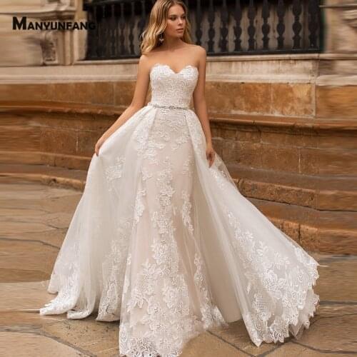 High-End Strapless Embroidery Appliques Tulle Detachable Train Mermaid Wedding Dress Elegant Lace Up Back 2 IN 1 Bridal Gown