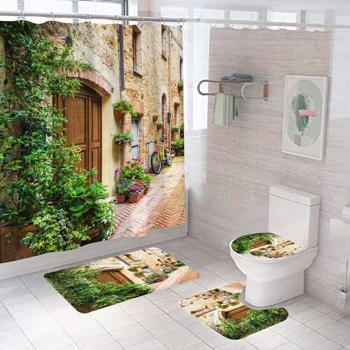 3D Doorway Street Alley Pattern Fabric Shower Curtain Bathroom Curtains Non-Slip Rugs Toilet Lid Cover and Bath Mat Carpet Sets