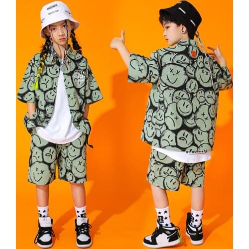 Street Dance Clothes Children Green Rave Wear Summer Hip Hop Dancewear Performance Costume Festival Clothing Kpop Outfit JL3425