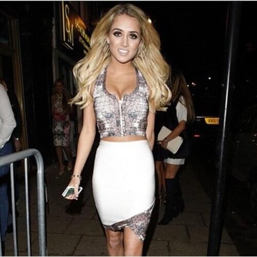 High quality sexy tight bandage printed flower dresses hl rayon bodycon bandage print dress 2 piece