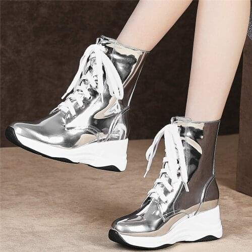 Fashion Sneakers Women Genuine Leather Wedges High Heel Punk Motorcycle Boots Female Round To Platform Pumps Shoes Casual Shoes