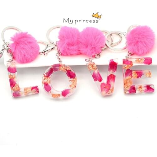 Women Letter Keychain With Rose Red Pompom Ball Glitter Hollowed-Out English Alphabet Keyring Car Mirror Handbag Crafts