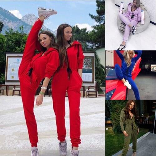 2019 Brand New Style Casual Women One Piece Outfits Jumpsuit Long Sleeve Bodycon Front Zipper Hooded Sexy Rompers Playsuit