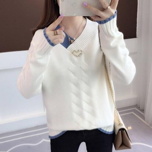 Autumn Winter V-Neck Pullover Sweater Female Fashion Color Matching Sweater Women 2021 New Korean Loose Warm Bottoming Shirt
