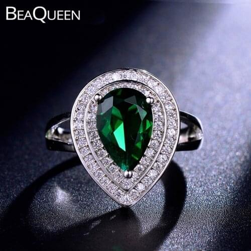 BeaQueen Luxury Big Cubic Zirconia Crystal Paved Green Water Drop Engagement Finger Ring Wedding Party Jewelry for Women R021