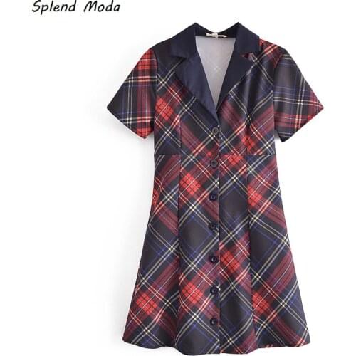 Splend Moda 2021 Summer Turn Down Collar Vintage Preppy Style Short-Sleeve Plaid Single-Breasted Women Mini Dress Chic Vestido