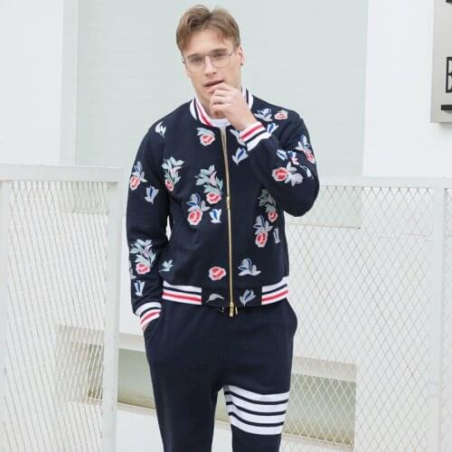 2021 Fashion Brand TB THOM Sweatershirts Men Jacket Flower Embroidery Hip Hop Clothing Baseball Uniform Casual Sportswear Coat