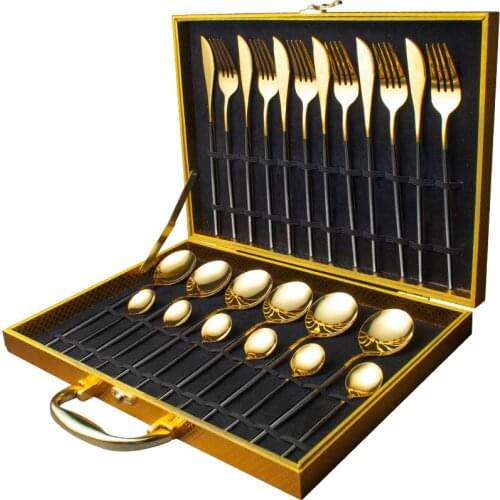 24PCS Cutlery Set Stainless Steel Dinnerware Set Black Gold Flatware Sets Tableware Spoon Set Party Dinner Gift Box Kitchen