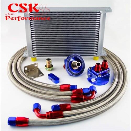 25 Row 248mm AN8 Universal Engine Transmission Oil Cooler British Type + Filter Adapter Kit Black/Blue