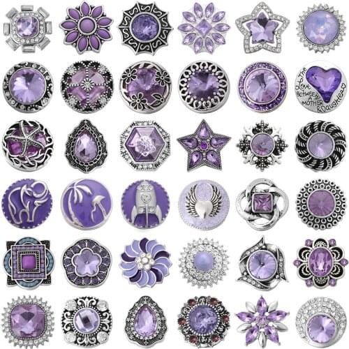 5pcs/lot New Snap Jewelry Purple Crystal Rhinestone Owl Fower 18mm Metal Snap Buttons Fit DIY 18mm Snap Bracelet Necklace