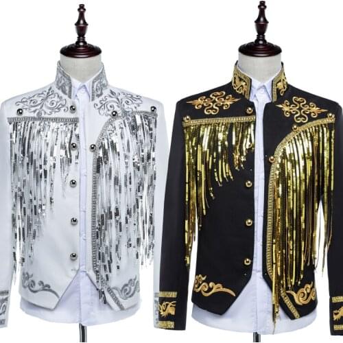 Free shipping mens black/white golden embroidery sequins tassel stand collar tuxedo jacket/stage performance jaceket with pants