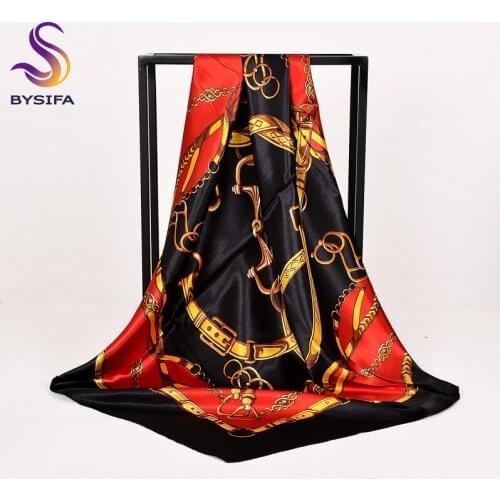 [BYSIFA] 2018 New Brand Luxury Silk Scarf Shawl Women Fashion Black Khaki Large Square Scarves Elegant Muslim Head Scarf Foulard