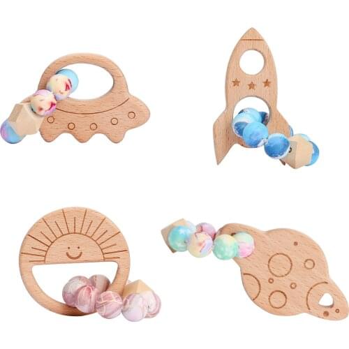Baby Teether Toys Wooden Cartoon Planet Teething Beech Wood Ring BPA-Free Newborn Rattle Toys Oral Nursing Product for Kids
