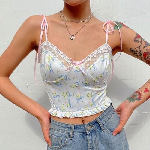 IAMSURE Summer Home Fashion Leisure Lace Edge Female Tank Tops Small Flower Print Sexy V-Neck Aesthetic 90s Crop Tops For Women