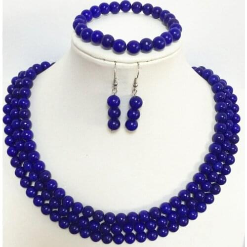 Fashion Blue Lapis Lazuli 8mm Round Beads Charms Elegant 3 Rows Necklace Bracelet Earring Best Gift Jewelry Set 17-19inch B1516