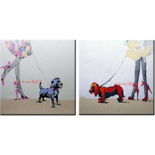 Beautiful Girl With Loyal Dog Wake on Road Oil Painting on Canvas Animal Abstract Oil Painting Stickers for Kitchen Home Decor