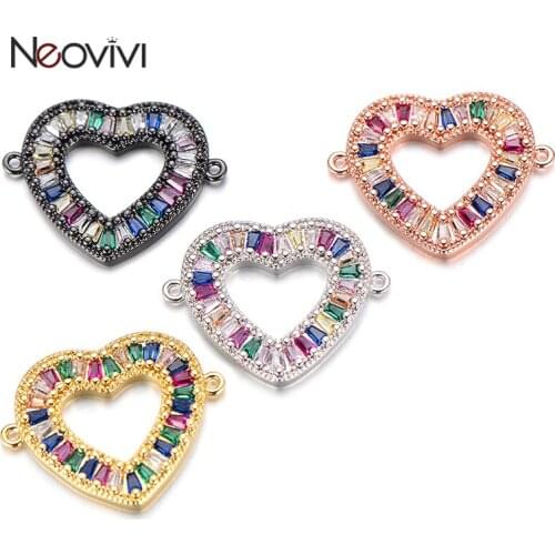 Neovivi Copper Hollow Heart Bead Colorful Zircon Charm for Jewelry Making Gold Black Colors Bead fit Bracelet Handmade